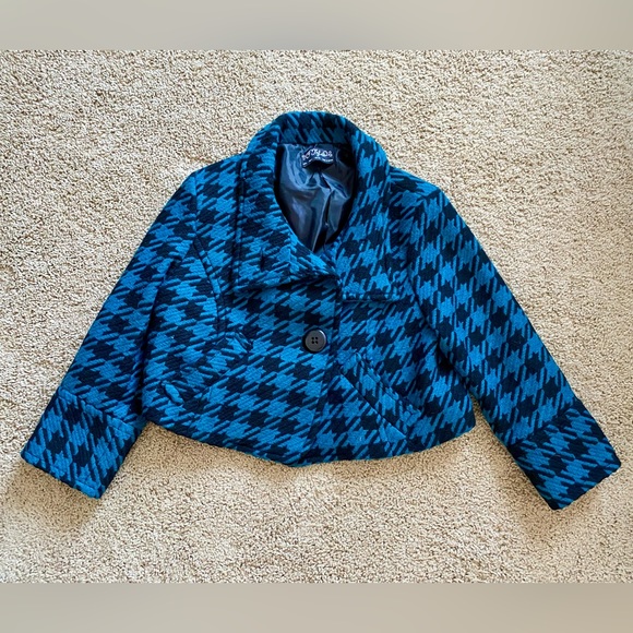 Zara Cropped Turquoise Houndstooth Wool Blend Jacket - Picture 3 of 8